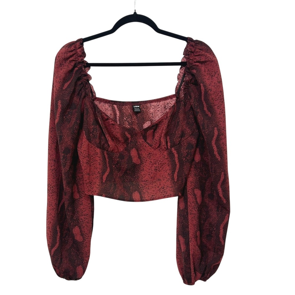 Whimsigoth Snakeskin Puff Sleeve Bustier Crop Top L Burgundy Sheer‎ Y2K Fairy